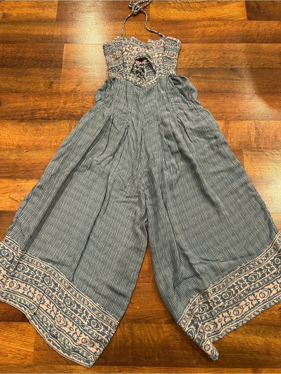 Free People Pants - Free People Crystal Bay Wide Leg Open Tied Back Blue Halter Romper Small